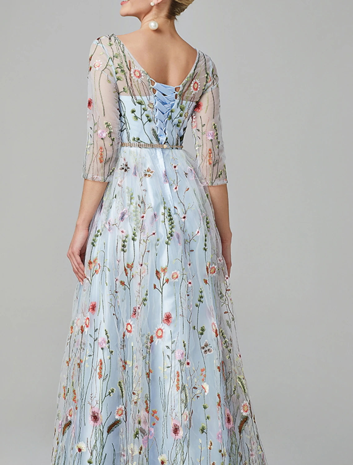 A-Line Prom Dresses Floral Dress Wedding Guest Engagement Tea Length Half Sleeve Jewel Neck Lace with Embroidery Appliques 2025